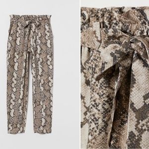 Beige/snakeskin-patterned Paper-bag Pants